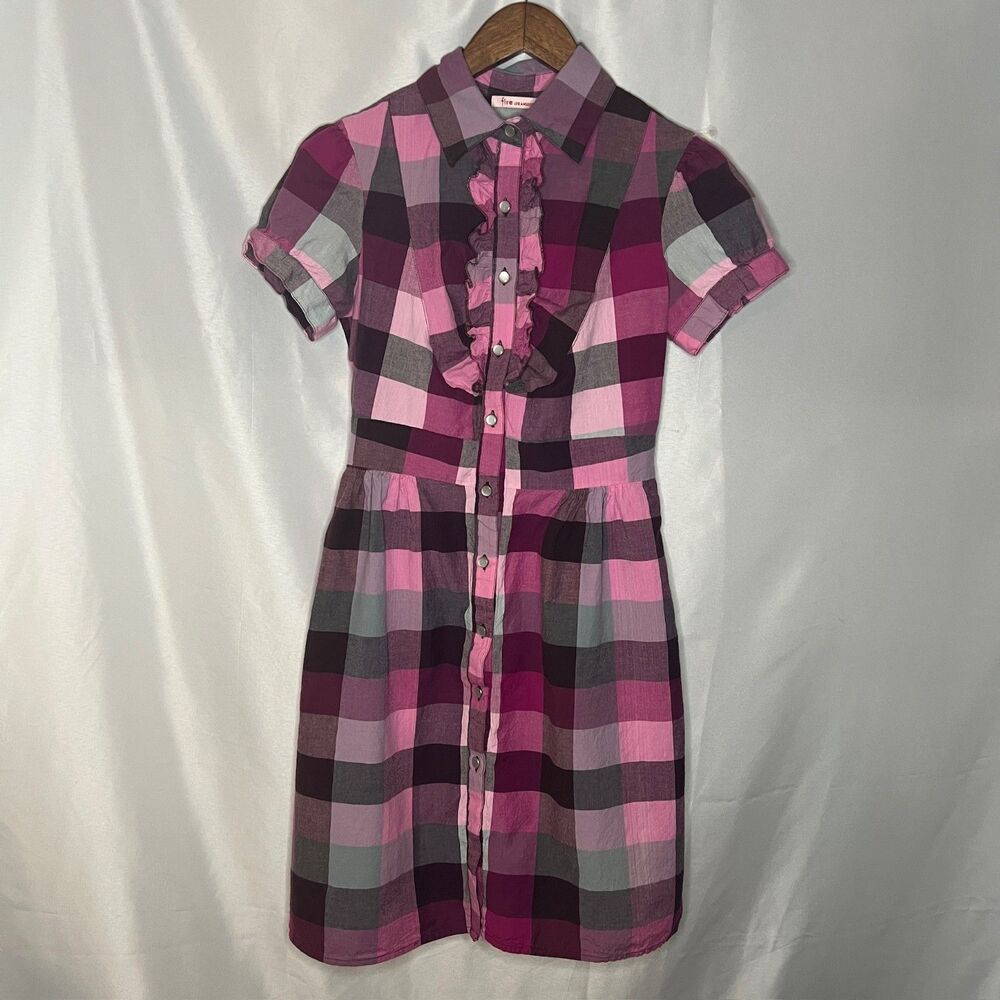 Fire Los Angeles Dress Women’s M‎ Pink Black Plaid Cotton Midi Pearl Buttons